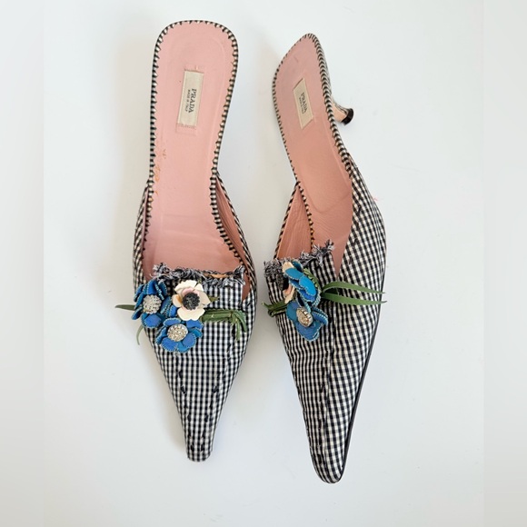 Prada Black White Gingham Flower bouquet Vintage mules heels EU 39.5 - Picture 2 of 9